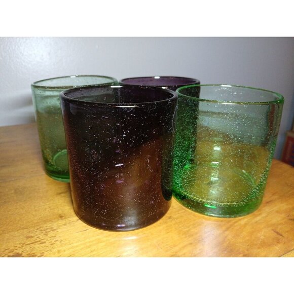 Artland Other - 4 Artland Iris purple green Double Old Fashioned Hand Blown Bubble Glasses